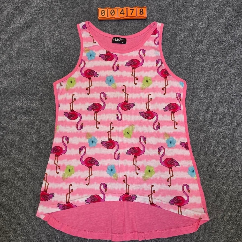 KMA Pink flamingo tank top with green/blue flowers, size XL